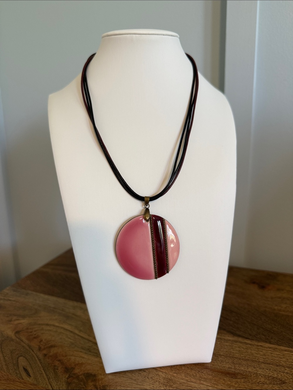 Handmade Pink Round Pendant Necklace with Leather Cord